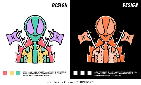 alien with flags in retro style. illustration for t shirt, poster, logo, sticker, or apparel merchandise.