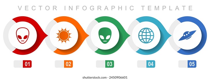 Alien flat design infographic template, miscellaneous symbols such as star, ufo, space ship and globe, vector icons collection