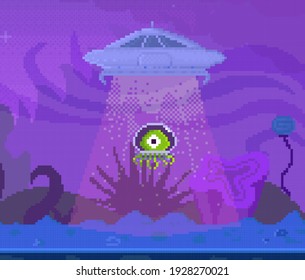 Alien flies off planet. UFO on spaceship. Pixel game design layout template. Green characters in in transparent helmet leave planet and fly into sky. Flying saucer engulfs alien vector illustration