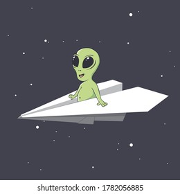 an alien flies on a paper airplane through universe.Space design.Vector illustration