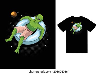 Alien floating on space donut balloon illustration with tshirt design premium vector the Concept of Isolated Technology. Flat Cartoon Style Suitable for Landing Web Pages, Banners, Flyers, Stickers