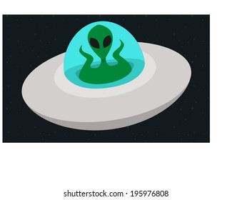 Alien flying across the universe in spaceship, flat design