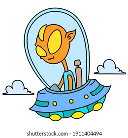 alien flying an advanced flying saucer, kawaii doodle drawing. vector illustration art