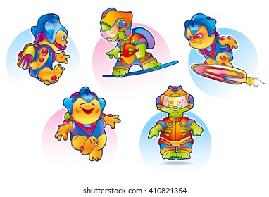 Alien flying on air skateboard. Funny monster in space suit. Friendly extraterrestrial with backpack