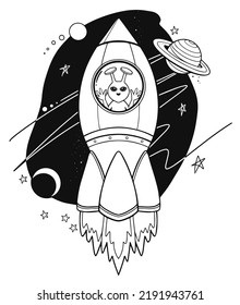 An alien is flying on a spaceship in space among the stars and planets. Page of coloring book. Vector illustration isolated on white background.