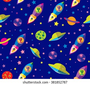alien flying in a rocket in space seamless vector illustration print pattern
