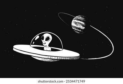 Alien in flying saucer flies from Jupiter. Vector illustration