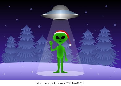 Alien and flying saucer in forest. Christmas. Vector illustration.