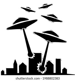 Alien flying saucer invasion design in city with black and white concept