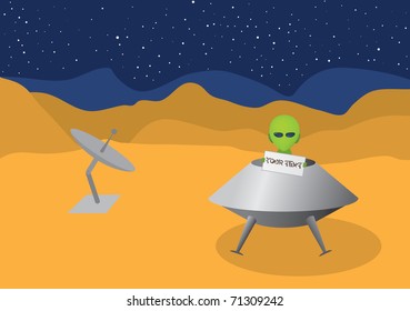 Alien in the flying saucer showing the board with the text