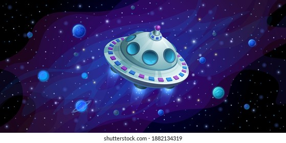 Alien flying saucer in space among planets and asteroids.