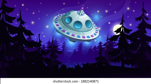 Alien flying saucer from space. Spaceship in the night sky over the forest.