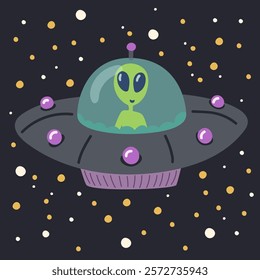 Alien in a flying saucer. Vector illustration, simple cartoon style