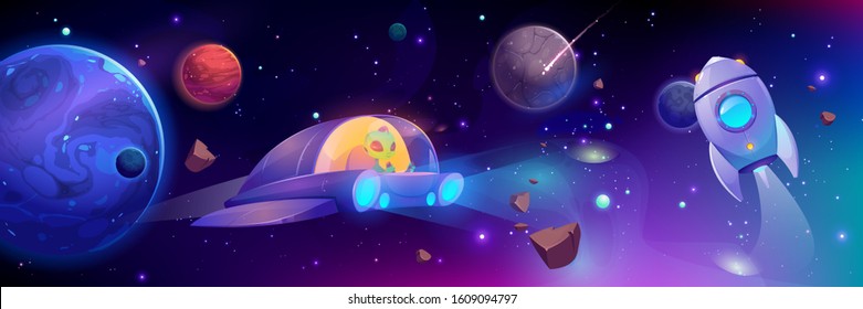 Alien flying in space ship. Cute extraterrestrial monster with green skin driving UFO in outer cosmos with stars, planets and asteroids. Rocket engine fly in universe. Cartoon vector illustration