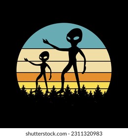 Alien flying with ufo cartoon vector icon illustration, Vintage extraterrestrial concept, Alien silhouette