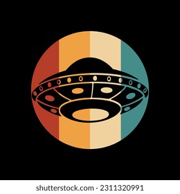 Alien flying with ufo cartoon vector icon illustration, Vintage extraterrestrial concept, Alien silhouette