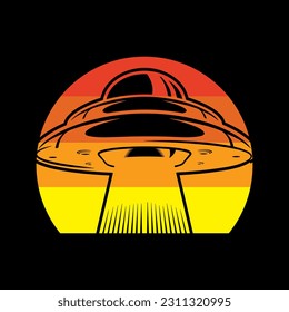 Alien flying with ufo cartoon vector icon illustration, Vintage extraterrestrial concept, Alien silhouette