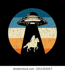 Alien flying with ufo cartoon vector icon illustration, Vintage extraterrestrial concept, Alien silhouette