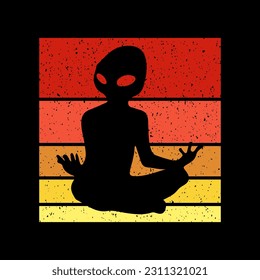 Alien flying with ufo cartoon vector icon illustration, Vintage extraterrestrial concept, Alien silhouette