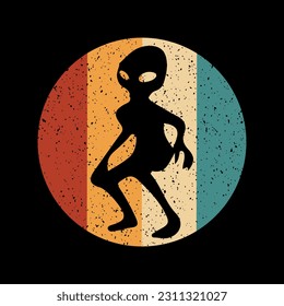 Alien flying with ufo cartoon vector icon illustration, Vintage extraterrestrial concept, Alien silhouette