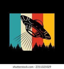 Alien flying with ufo cartoon vector icon illustration, Vintage extraterrestrial concept, Alien silhouette