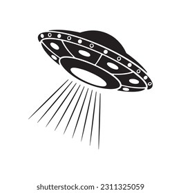 Alien flying with ufo cartoon vector icon illustration, Vintage extraterrestrial concept, Alien silhouette