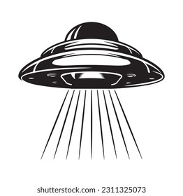 Alien flying with ufo cartoon vector icon illustration, Vintage extraterrestrial concept, Alien silhouette