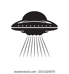 Alien flying with ufo cartoon vector icon illustration, Vintage extraterrestrial concept, Alien silhouette