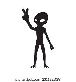 Alien flying with ufo cartoon vector icon illustration, Vintage extraterrestrial concept, Alien silhouette