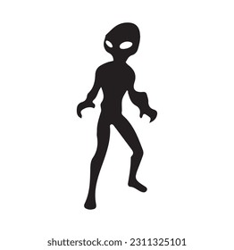 Alien flying with ufo cartoon vector icon illustration, Vintage extraterrestrial concept, Alien silhouette