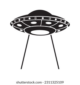 Alien flying with ufo cartoon vector icon illustration, Vintage extraterrestrial concept, Alien silhouette