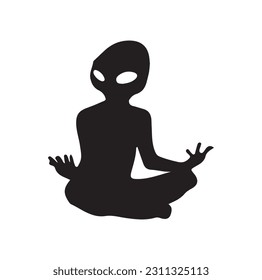 Alien flying with ufo cartoon vector icon illustration, Vintage extraterrestrial concept, Alien silhouette