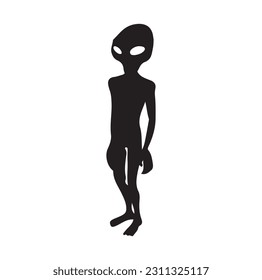 Alien flying with ufo cartoon vector icon illustration, Vintage extraterrestrial concept, Alien silhouette