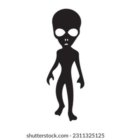 Alien flying with ufo cartoon vector icon illustration, Vintage extraterrestrial concept, Alien silhouette