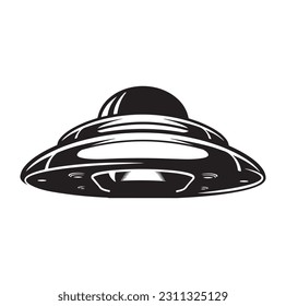 Alien flying with ufo cartoon vector icon illustration, Vintage extraterrestrial concept, Alien silhouette