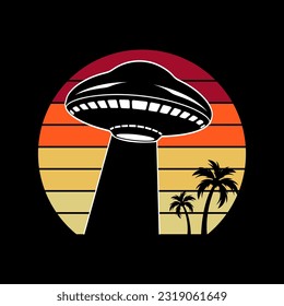 Alien flying with ufo cartoon vector icon illustration, Vintage extraterrestrial concept, Alien silhouette