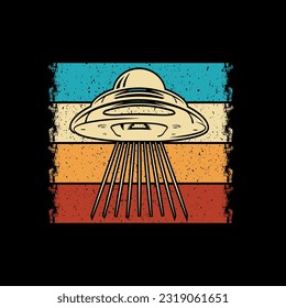 Alien flying with ufo cartoon vector icon illustration, Vintage extraterrestrial concept, Alien silhouette