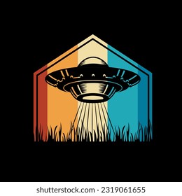 Alien flying with ufo cartoon vector icon illustration, Vintage extraterrestrial concept, Alien silhouette