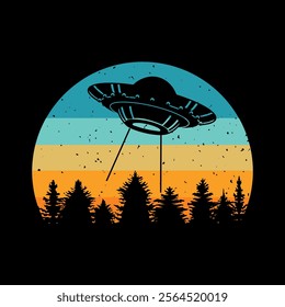 Alien flying with ufo cartoon vector icon illustration, Vintage extraterrestrial concept, Alien silhouette. Funny Retro Vintage UFO Alien T-shirt Design