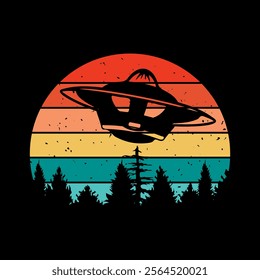 Alien flying with ufo cartoon vector icon illustration, Vintage extraterrestrial concept, Alien silhouette. Funny Retro Vintage UFO Alien T-shirt Design