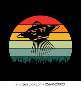 Alien flying with ufo cartoon vector icon illustration, Vintage extraterrestrial concept, Alien silhouette. Funny Retro Vintage UFO Alien T-shirt Design