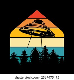 Alien flying with ufo cartoon vector icon illustration, Vintage extraterrestrial concept, Alien silhouette. Funny Retro Vintage UFO Alien T-shirt Design