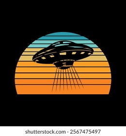 Alien flying with ufo cartoon vector icon illustration, Vintage extraterrestrial concept, Alien silhouette. Funny Retro Vintage UFO Alien T-shirt Design