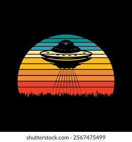 Alien flying with ufo cartoon vector icon illustration, Vintage extraterrestrial concept, Alien silhouette. Funny Retro Vintage UFO Alien T-shirt Design