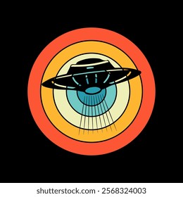 Alien flying with ufo cartoon vector icon illustration, Vintage extraterrestrial concept, Alien silhouette. Funny Retro Vintage UFO Alien T-shirt Design