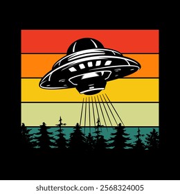 Alien flying with ufo cartoon vector icon illustration, Vintage extraterrestrial concept, Alien silhouette. Funny Retro Vintage UFO Alien T-shirt Design