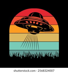 Alien flying with ufo cartoon vector icon illustration, Vintage extraterrestrial concept, Alien silhouette. Funny Retro Vintage UFO Alien T-shirt Design