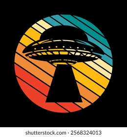 Alien flying with ufo cartoon vector icon illustration, Vintage extraterrestrial concept, Alien silhouette. Funny Retro Vintage UFO Alien T-shirt Design