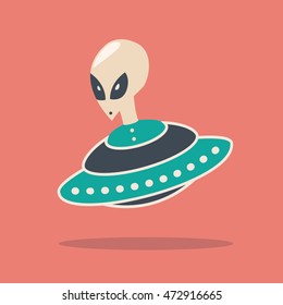 alien flying with ufo isolated on pink background