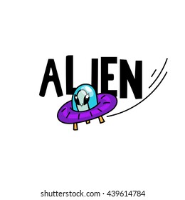 Alien flying in UFO vector illustration. Hand drawn cartoon extraterrestrials illustration.